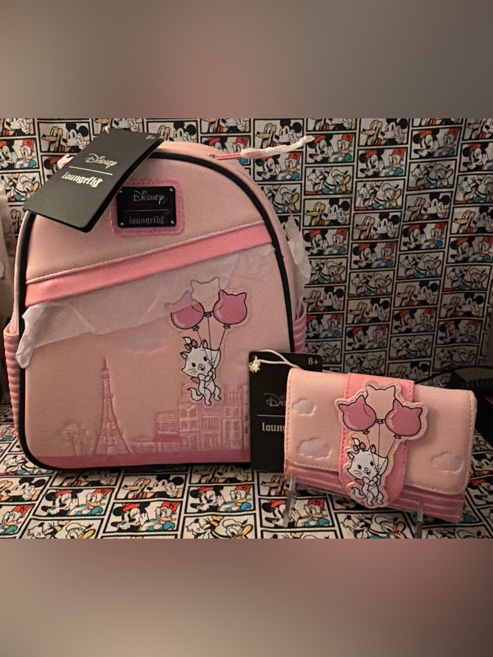 Loungefly Disney Aristocats Marie Balloons Paris MiniBackpack & Wallet Set NWT